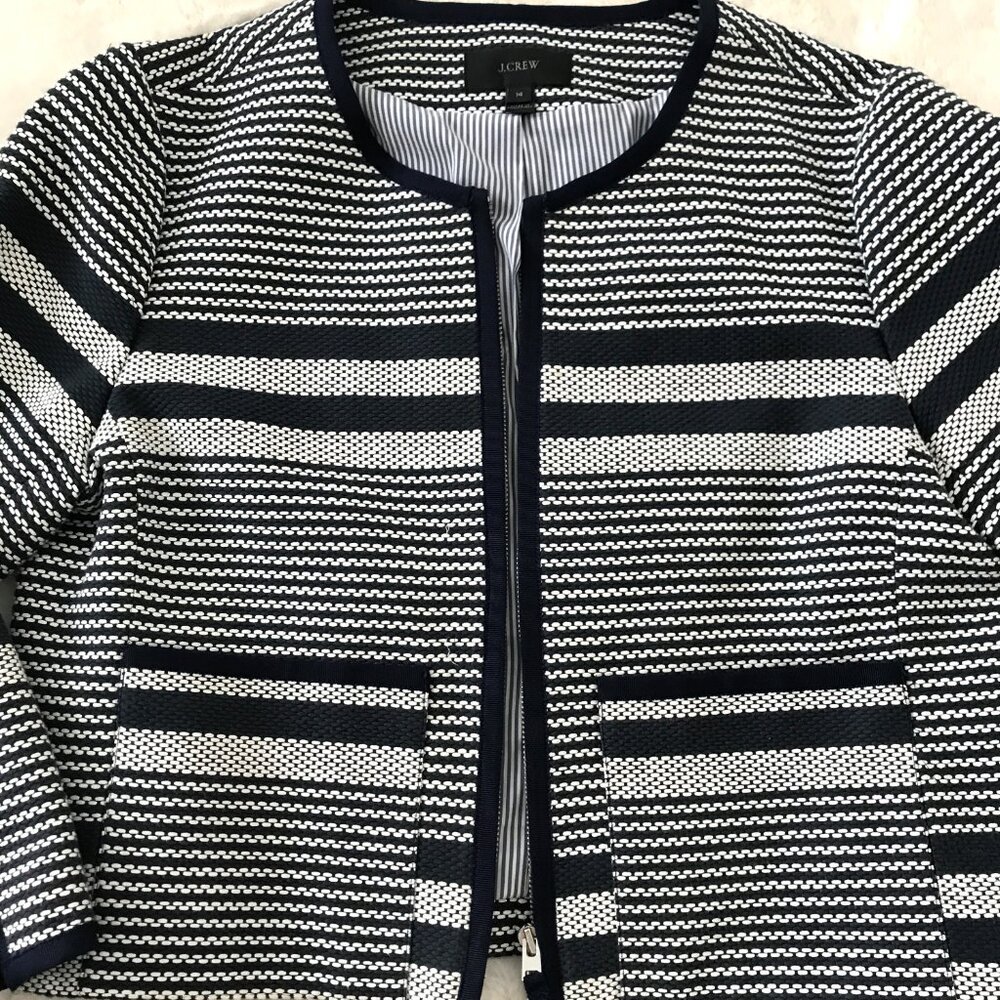J Crew Collarless Zip Front & Zip Sleeves Striped Lined Jacket Sz 14 Navy/White